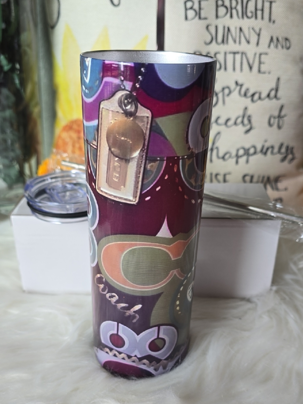 Nwt Colorful Patterned Tumbler with Lid, Straw And Scrubber - Purple & Green